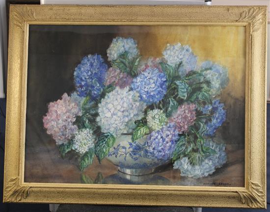 Marion Broom (Exh.1925-1939) Still life of Hydrangeas in a delft bowl, 21.5 x 29.5in.